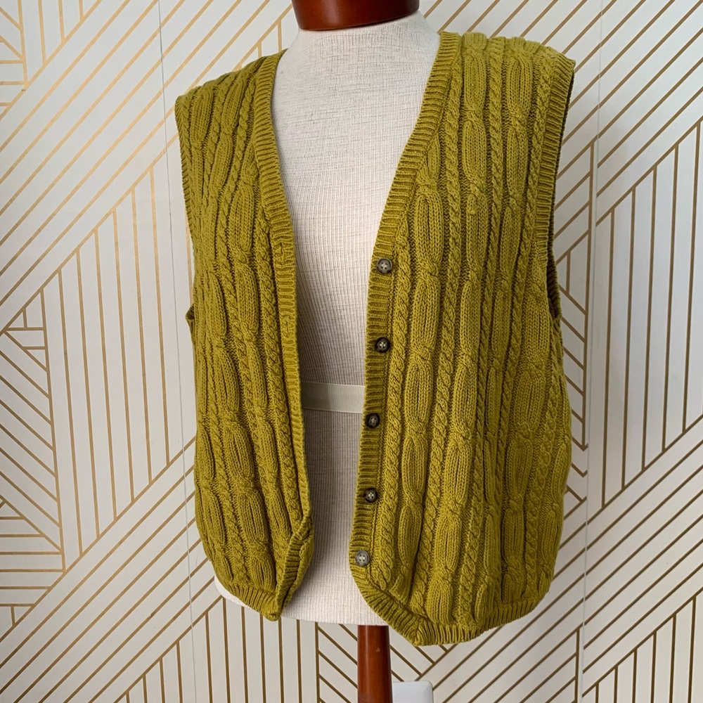 Vintage Karen Scott Fairy Core Forest Nymph Cable knit Sweater Vest Chartreuse L - Picture 2 of 11